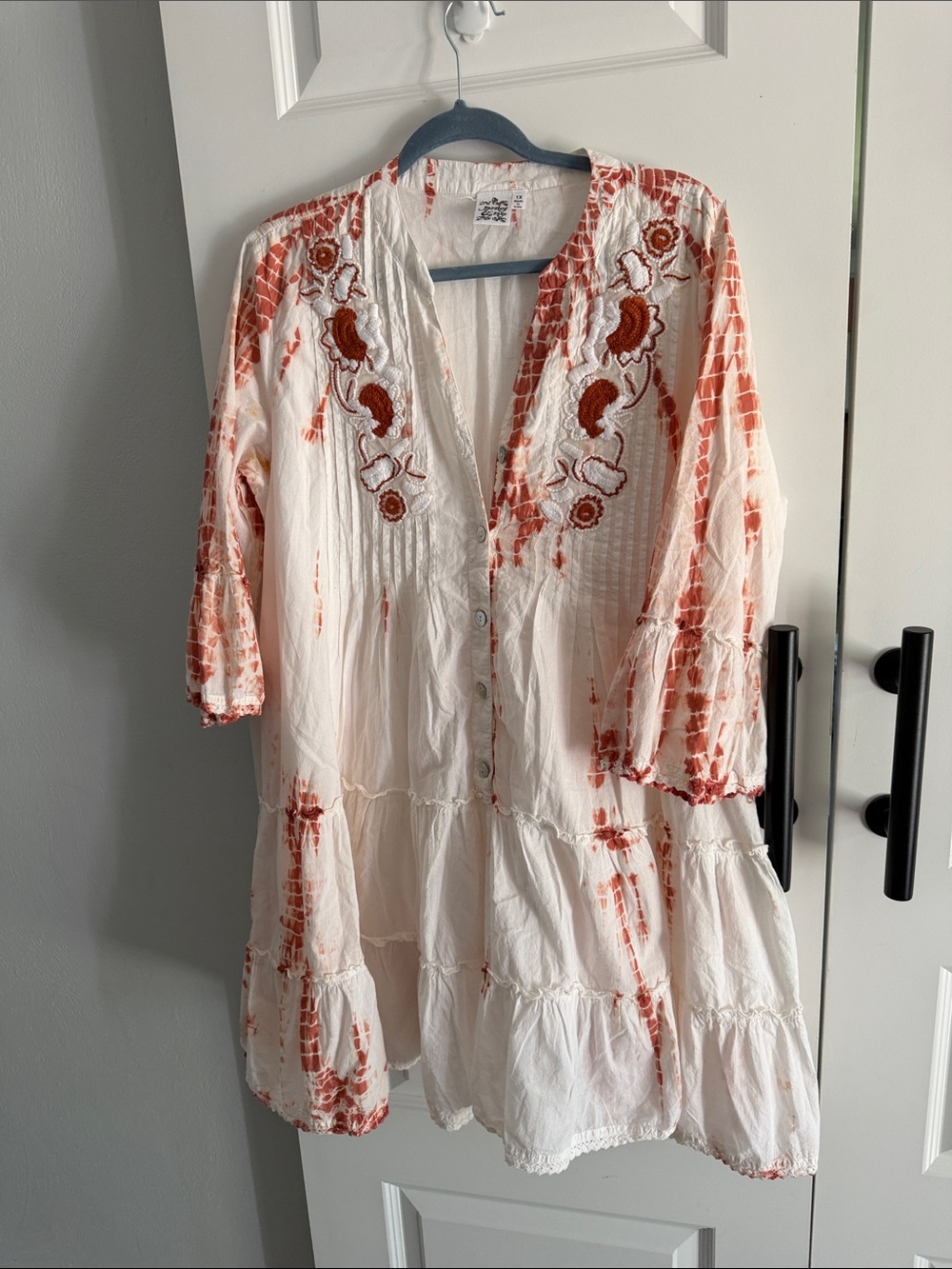 Bohemian Embroidered Tie-Dye White & Rust Women's Tunic dress 1X